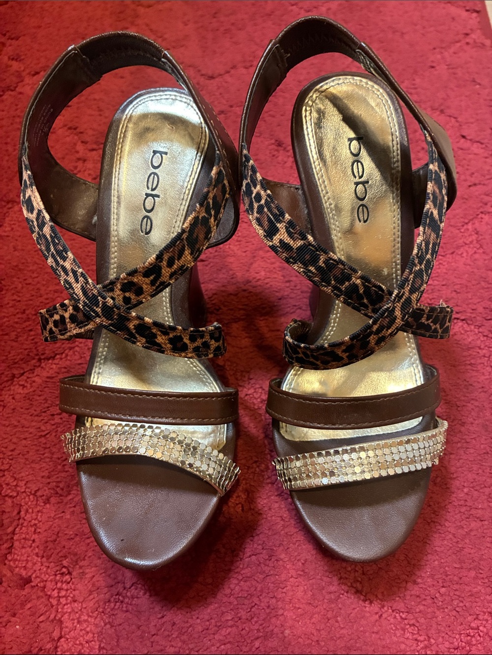 bebe Brown Leopard Print Strappy Heels with Gold Accents